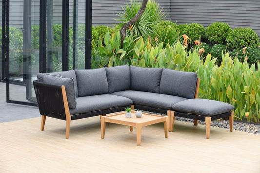 WAS $2499. NOW $999. . BRAND NEW Black Conversation Set 100% FSC Solid Teak Finish Wood Legs & Olefin, Ideal Furniture For Outdoor