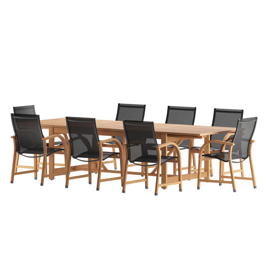 9 Piece Rectangular Extendable Dining Set With Weather Net Chairs, Made Of 100% FSC Teak Wood, Furniture Set For Outdoor And Patio