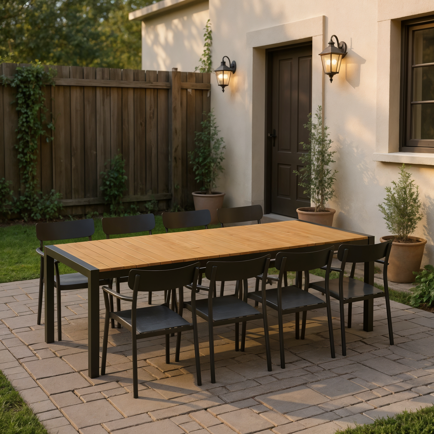 9 Piece Rectangular Dining Set With Stackable Chairs, Made of Die-Cast Aluminum & FSC Wood, Furniture Set For Outdoor And Patio