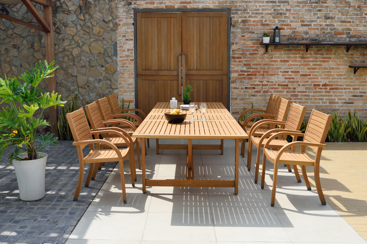 9 Piece Rectangular Extendable Dining Set WIth Stackable Chairs, Made Of 100% FSC Teak Wood, Furniture Set For Outdoor And Patio