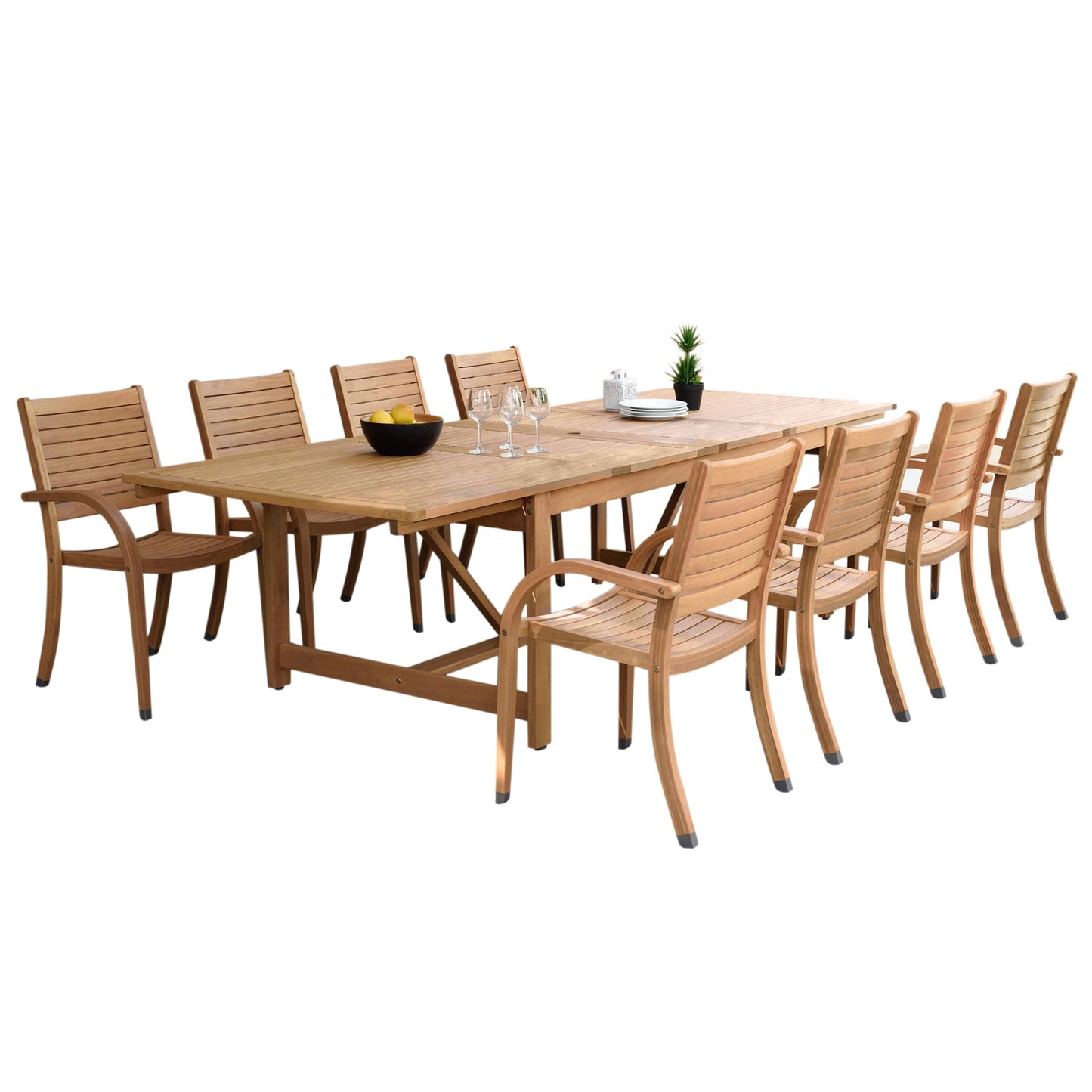 9 Piece Rectangular Extendable Dining Set WIth Stackable Chairs, Made Of 100% FSC Teak Wood, Furniture Set For Outdoor And Patio