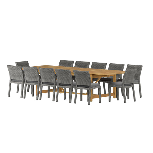 13 Piece Rectangular Extendable Dining Set With Stackable Brown Chairs, Made Of 100% FSC Teak Wood, Furniture Set For Outdoor And Patio