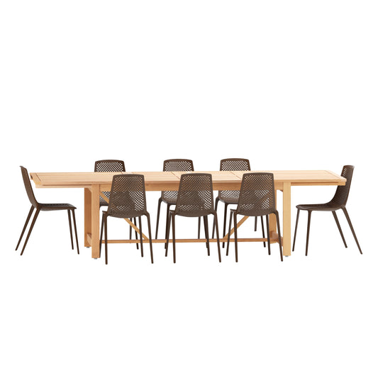 11 Piece Rectangular Extendable Dining Set With Stackable Brown Chairs, Made Of 100% FSC Teak Wood, Furniture Set For Outdoor And Patio