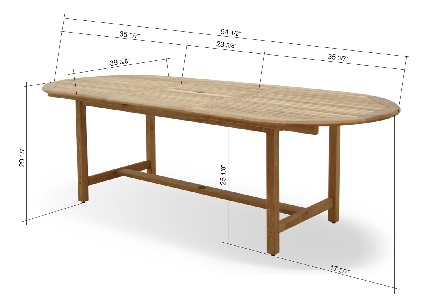 Oval wooden outdoor table with dimensions overlay