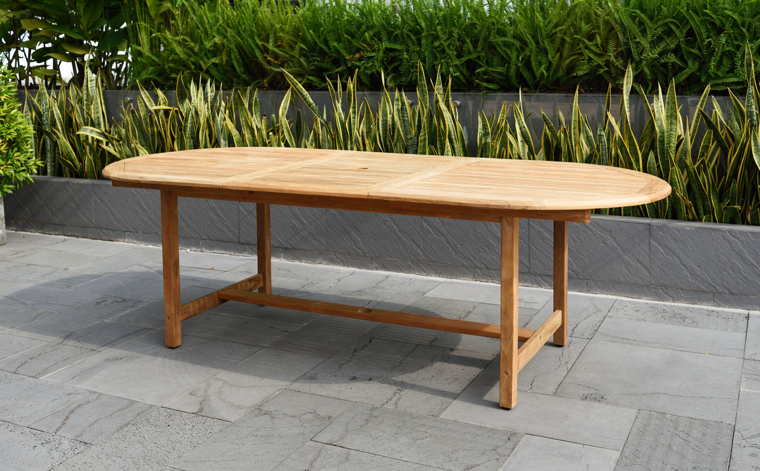 Long wooden outdoor dining table