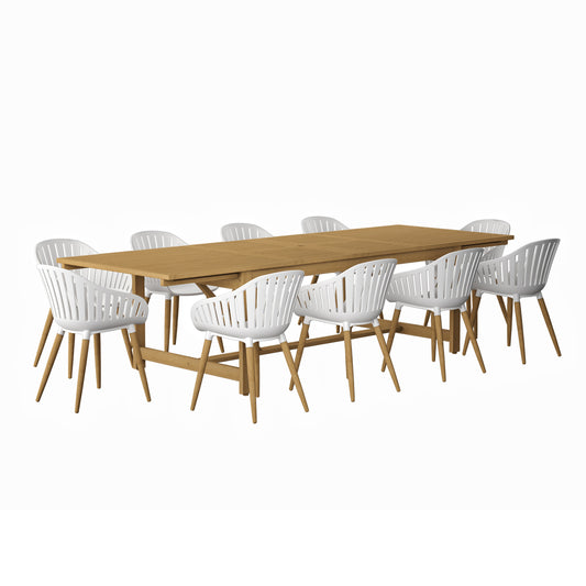 11 Piece Rectangular Extendable Dining Set With White Chairs, Made Of 100% FSC Teak Wood, Furniture Set For Outdoor And Patio