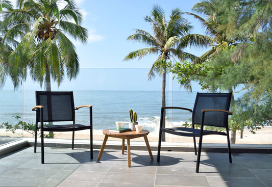 WAS $449 NEW $199 BRAND NEW 3 Pieces Conversation Set Made Of Aluminum With Weather Net Chairs And FSC Solid Wood Coffee Table - Ideal Furniture Set For Outdoor