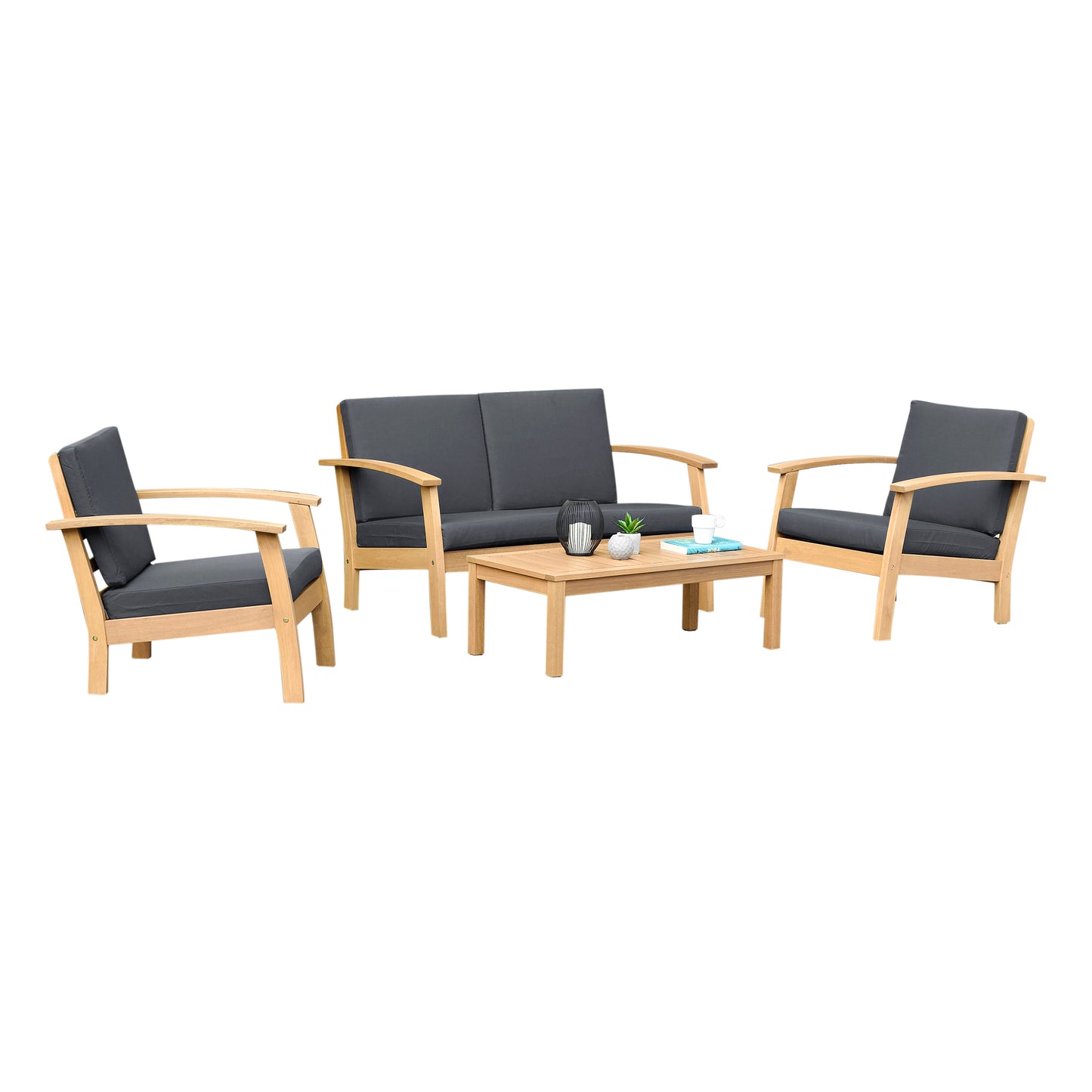 Kingsbury Teak Finish 100% FSC Certified Solid Wood With Black Cushion Seating Set