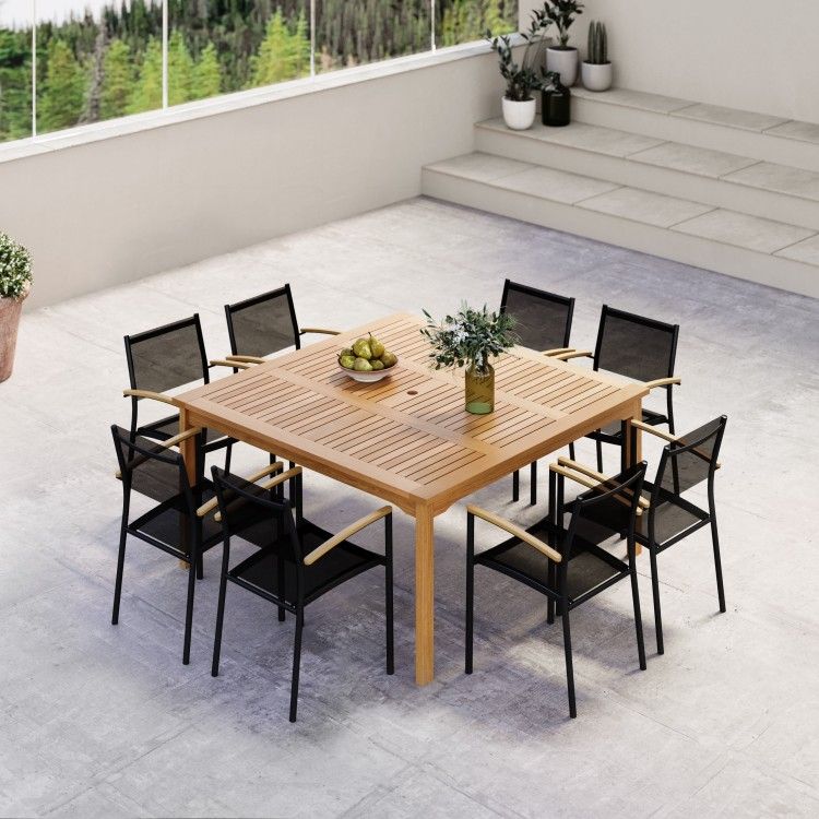 WAS $3199 NOW $1659 BRAND NEW BRAND NEW 9 PIECES Square Dining Set With Stackable Chairs, 100% FSC Teak Finish Wood, Ideal Furniture For Outdoor & Patio