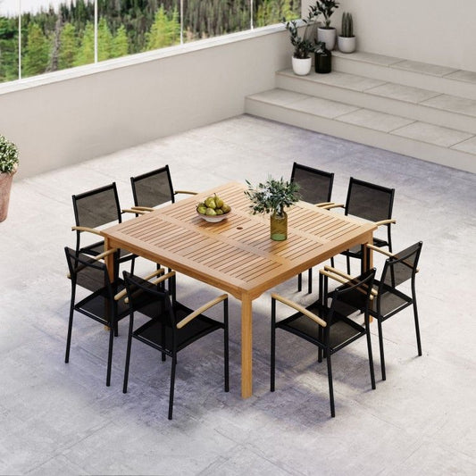 WAS $3199 NOW $1659 BRAND NEW BRAND NEW 9 PIECES Square Dining Set With Stackable Chairs, 100% FSC Teak Finish Wood, Ideal Furniture For Outdoor & Patio