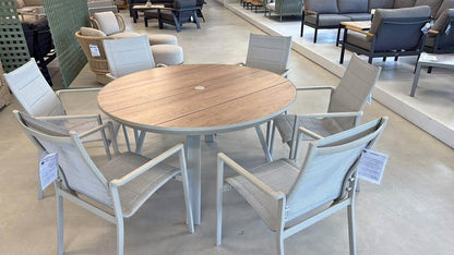 WAS $2449 NOW $1225 BRAND NEW 7-Piece Patio Round Dining Set - Aluminum Beige Outdoor Table and Chair Set