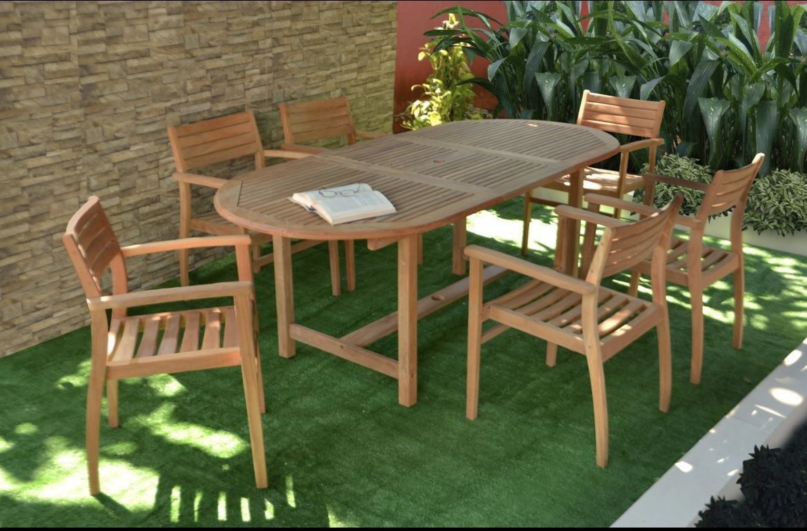 WAS $1999 NOW $1279 BRAND NEW Open Box 7 Piece 100% FSC Solid Teak Extendable Table and Chair Patio & Outdoor Dining Set